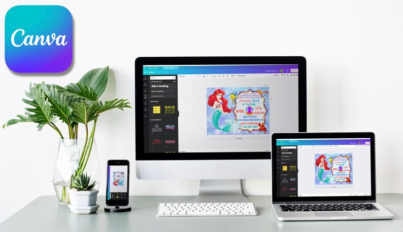 May include: A computer screen displaying the Canva website with a mermaid-themed birthday invitation design. The invitation features a cartoon mermaid with red hair and a purple tail. The text on the invitation reads "Princess [Name] is turning 2!" and includes the date and time of the party. The invitation is surrounded by a blue and purple background with bubbles and seashells.