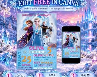 Puede incluir: Una plantilla de invitación de cumpleaños digital con personajes de Frozen, incluyendo a Anna, Elsa, Kristoff, Sven y Olaf. El texto dice: JOIN US TO CELEBRATE, OLIVA IS TURNING 5, OLIVA'S HOME, 55 NORTH HENRY SMITH LANE, MILLVILLE, NJ 08332, RSVP TO SARAH AT 555.111.222, sarah@mail.com, FRIDAY 25 APRIL 3:00-6:00 PM.