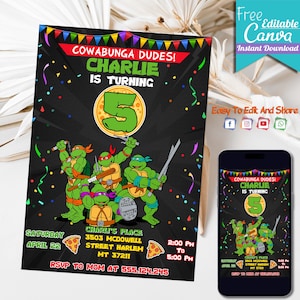 Bewerkbare Ninja Turtle-verjaardagsuitnodiging | Afdrukbare ninja-uitnodiging, Turtle Evite, bewerkbare canvassjabloon afdrukbare direct downloaden