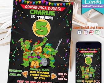 Invitation d'anniversaire modifiable de tortue Ninja | Invitation imprimable de Ninja, tortue Evite, modèle de toile modifiable téléchargement immédiat