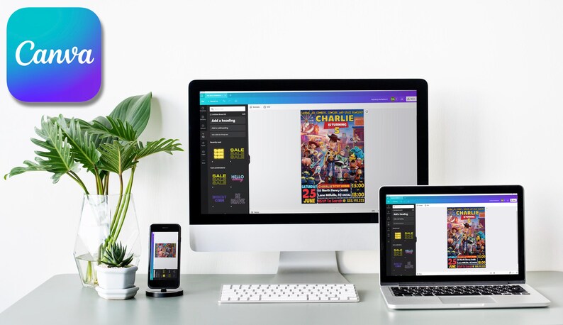 May include: A computer screen displaying the Canva website with a colorful poster design for a party called "Charlie's 25th Birthday." The poster features a cartoon image of a group of people. The screen is on a desk with a laptop and a smartphone also displaying the Canva website.