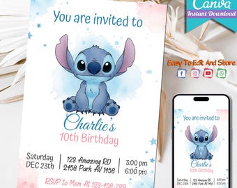 Editable Stitch Birthday Party Invitation Template | Editable and Printable Bday Evite & Fun Canva Design for Kids Party | Instant Download