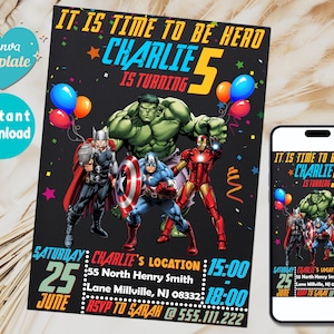 Bearbeitbare Avengers-Geburtstagseinladung | Superhelden-Geburtstags-Einladung | Druckbar | Für Jungen und Mädchen Kindereinladung | Sofort Download