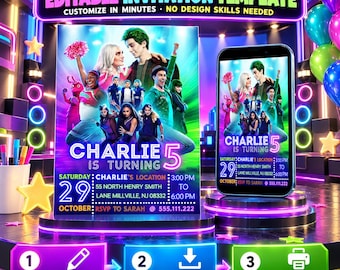 Op de afbeelding: Een bewerkbaar uitnodigingssjabloon met personages uit de film Zombies, inclusief de tekst Charlie is turning 5, Saturday 29 October, 3:00 PM to 6:00 PM, 55 North Henry Smith Lane Millville, NJ 08332, RSVP to Sarah 555.111.222.