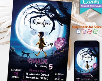Editable Coraline Invitation | Printable Wybie Birthday Kids invite | Coraline Birthday Party | Digital Coraline Invite | Instant Download