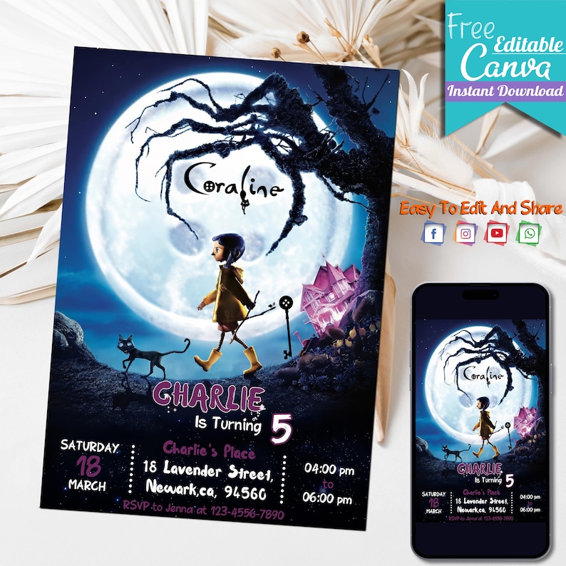 May include: Editable invitation template for a 5th birthday party featuring a character from the movie Coraline. The invitation is designed with a dark blue background, a large moon, and a silhouette of a tree. The text on the invitation reads "Charlie is turning 5" and includes details about the party, such as the date, time, and location.