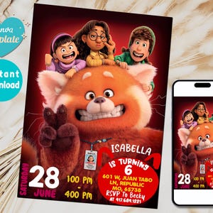 Rot Geburtstagseinladung | Turning Red Party Sofort Download Bearbeitbar, Digitale Kinder Turning Red Einladen | Bearbeitbar-Druckbar in Canva
