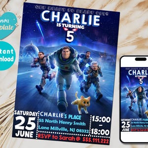 May include: A blue and purple birthday invitation for a boy turning five. The invitation features a cartoon image of Buzz Lightyear from the Toy Story movie franchise. The text on the invitation reads "Get ready to blast off! Charlie is turning 5." The invitation also includes the date, time, and location of the party.