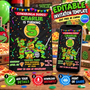 Può includere: Un modello di invito di compleanno nero con quattro tartarughe verdi, un grande numero 5 e il testo Cowabunga Dudes! Charlie is turning 5. Il design include coriandoli colorati, grafiche di pizza e i dettagli dell'evento del 22 aprile.