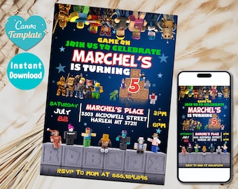 May include: A digital birthday party invitation template featuring a dark blue background with various block-style character figures. The text reads: Game On Join Us To Celebrate Marchel's Is Turning 5, Marchel's Place 3503 McDowell Street Harlem MT 37211, Saturday July 22 3PM-6PM, RSVP To Mom At 555.124.245.