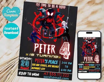 Editable SpiderVerse Birthday Invitation | Spider Verse Party Digital Invitation, SpiderVerse evite | Editable With Canva | Instant Download