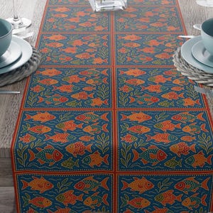 Vintage Fish Themed Tile Table Runner | Colorful Marine Art | Nautical Graphics | Shrink and Wrinkle Resistant Tableware Gift