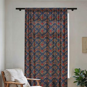 Cortina transparente con estampado floral vintage, estampado bohemio azul marino y rojo, estampado a mano