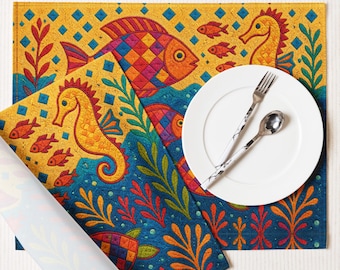 Juego de 4 manteles individuales de tela con diseño de peces de colores, resistentes al encogimiento y a las arrugas, decoración de mesa vibrante para el hogar, decoración náutica, regalo para amantes de los mariscos.