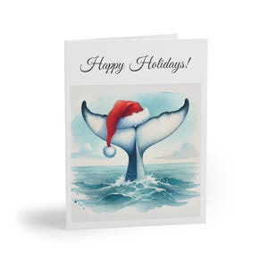 Cartes Cape Cod pour la Nouvelle-Angleterre (8, 16 et 24 pcs), Queue de baleine avec bonnet de Noel, Noël, Nouvel an, cartes de joyeuses fêtes, personnalisables