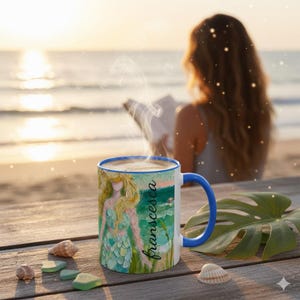 Personalized Mermaid Mug (11oz, 15oz), Available in 5 coastal breezy colors, Coffee time, tea time, Gift for her, Christmas gift, Fish theme