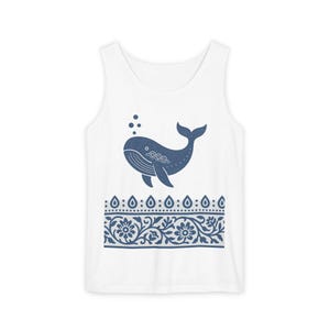 Whale Block Print Tank Top - Beachwear, Ocean Lover Gift, Aquatic Sleeveless Tee, Indian Motif Shirt, Garment-Dyed Top, Pleasant colors