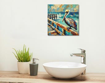 Impression de toile de pélican de Floride - art mural d'oiseau sur la promenade, décoration d'intérieur de plage côtière, idée cadeau pour amoureux de la nature ou de l'océan