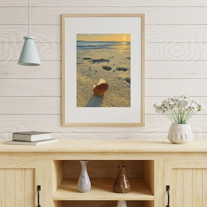 Muschel bei Sonnenuntergang Muschel Kunstdruck, Küsten Wand Dekor Poster, Ocean Liebhaber Geschenk, Wohnkultur am Meer, Sommer Vibes, Schöne Gebrochene Muschel