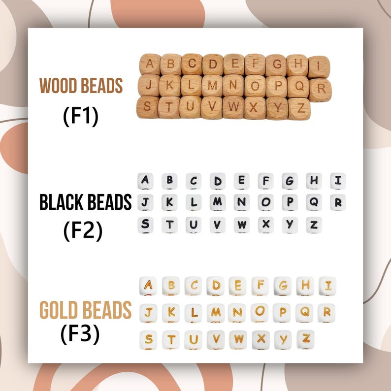 May include: A display of alphabet beads in three different styles: wood, black, and gold. The wood beads are a natural color, the black beads have white lettering, and the gold beads have gold lettering. Each set of beads is arranged in alphabetical order.