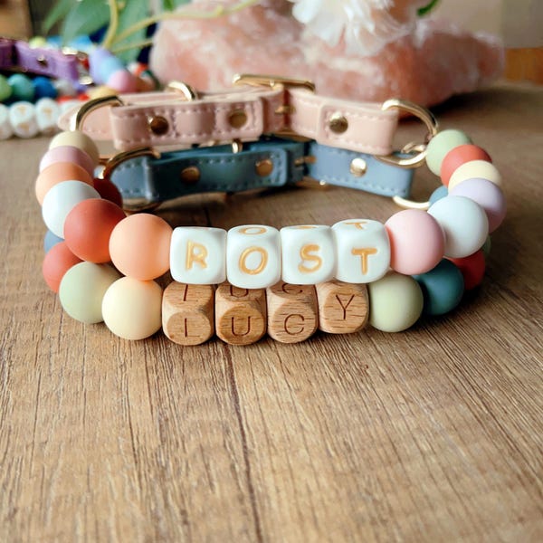 Personalized Beaded Pet Collar, Custom Dog Cat ID, Adjustable Length