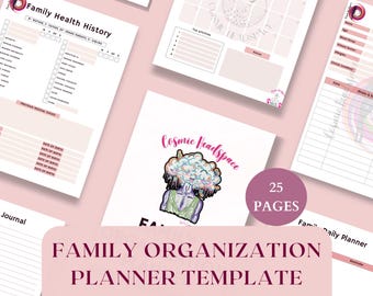 Può includere: Una raccolta di pagine di pianificazione stampabili rosa e bianche. Le pagine includono un modulo per l'anamnesi familiare, un'agenda giornaliera e una pagina con il testo "Cosmic Headspace". È visibile anche il testo "Family Organization Planner Template".