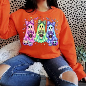 7 Brew Halloween Ghost Trio PNG, Neon Iridescent Spooky Sublimation Design (Digital Download) image 4