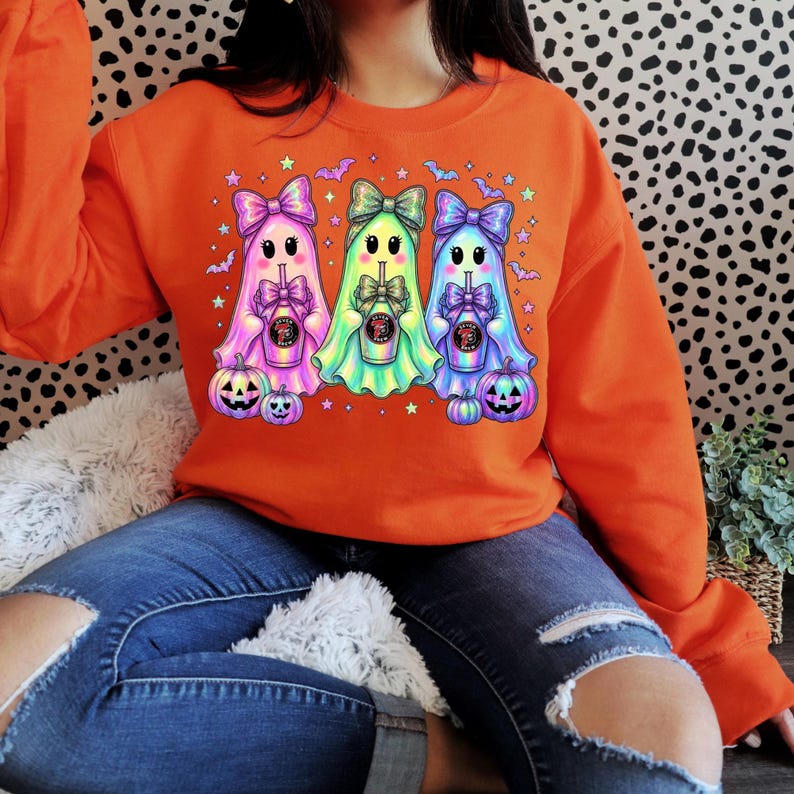 7 Brew Halloween Ghost Trio PNG, Neon Iridescent Spooky Sublimation Design (Digital Download) image 4