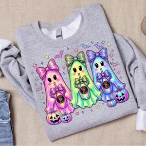7 Brew Halloween Ghost Trio PNG, Neon Iridescent Spooky Sublimation Design (Digital Download) image 2
