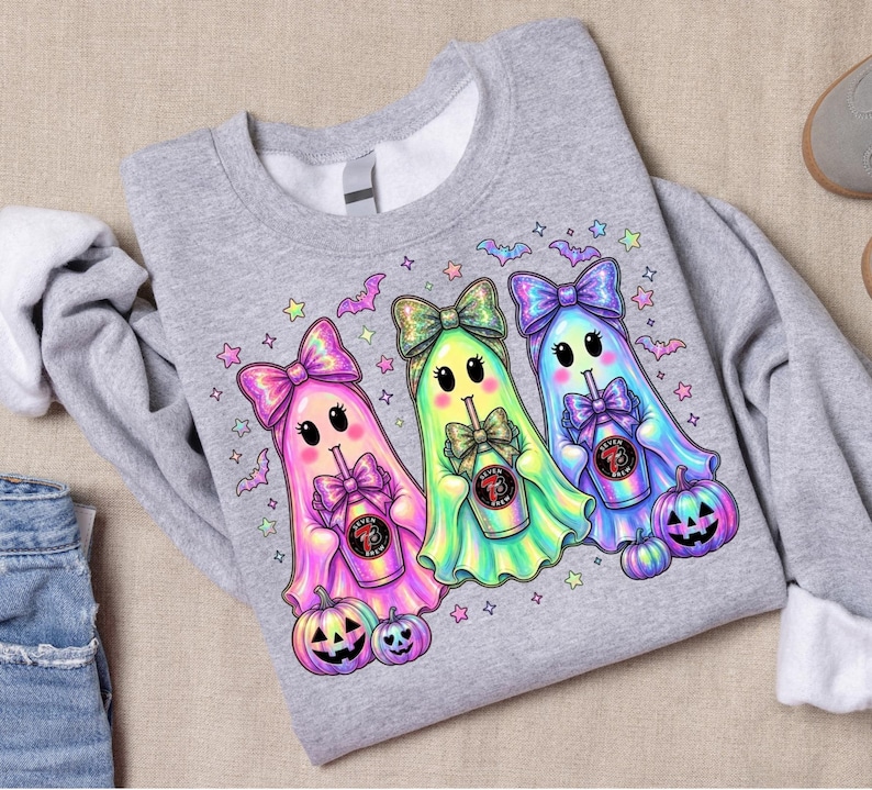 7 Brew Halloween Ghost Trio PNG, Neon Iridescent Spooky Sublimation Design (Digital Download) image 2