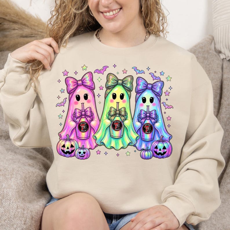7 Brew Halloween Ghost Trio PNG, Neon Iridescent Spooky Sublimation Design (Digital Download) image 5