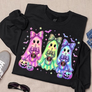 7 Brew Halloween Ghost Trio PNG, Neon Iridescent Spooky Sublimation Design (Digital Download)