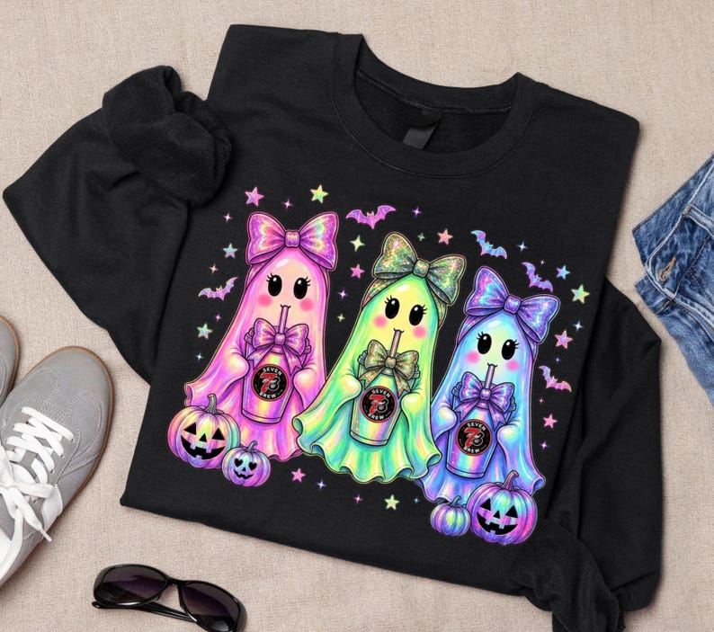 7 Brew Halloween Ghost Trio PNG, Neon Iridescent Spooky Sublimation Design (Digital Download) image 1