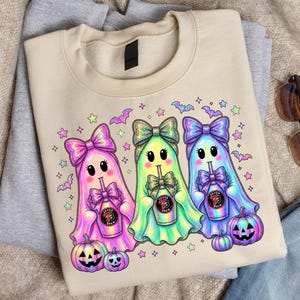 7 Brew Halloween Ghost Trio PNG, Neon Iridescent Spooky Sublimation Design (Digital Download) image 3