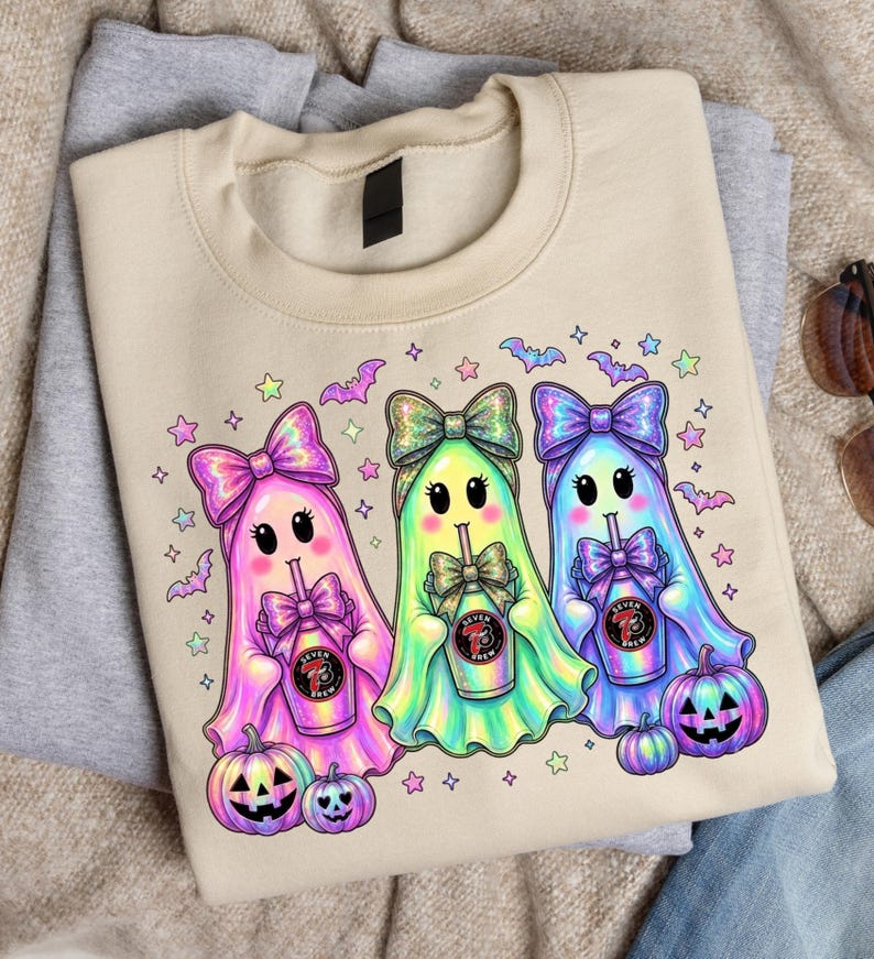 7 Brew Halloween Ghost Trio PNG, Neon Iridescent Spooky Sublimation Design (Digital Download) image 3