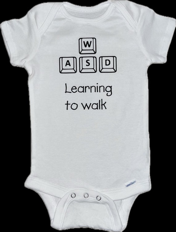 Nerdy cute computer Onesie® bodysuit for video gamer babies for learning to walk, WASD, heat press vinyl, 3, 6, 9, 12, 18 month customizable