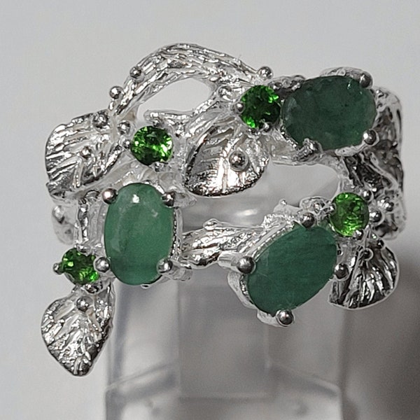 Size 7 Emerald and Chrome Diopside Tree Ring One of a Kind New Vintage Wholesale