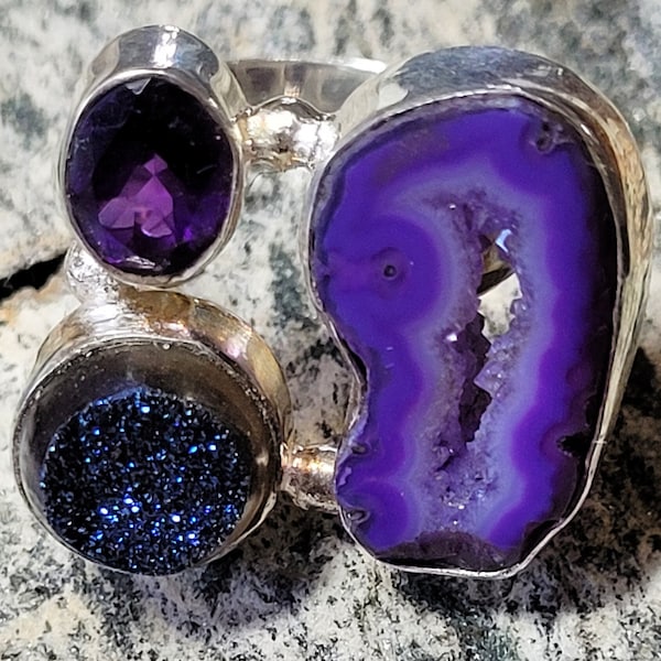 Size 8 Purple Agate Druzy, Titanium Drusy, and Amethyst Sterling Silver Ring New Vintage Wholesale