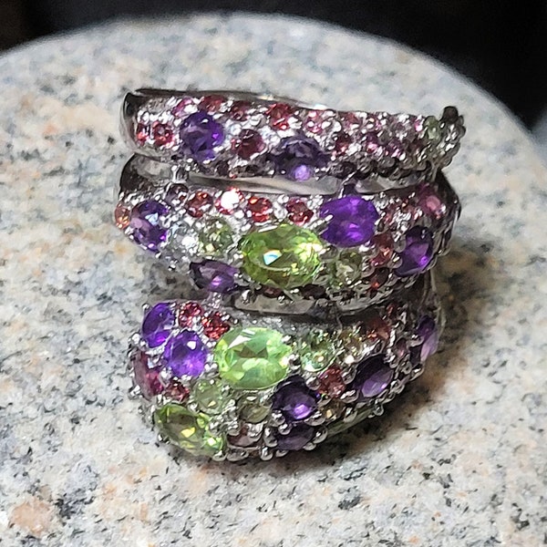 Size 9 White Gold Plated Sterling Silver, Amethyst, Peridot, and Garnet and Tourmaline Ring One of a Kind New Vintage Wholesale