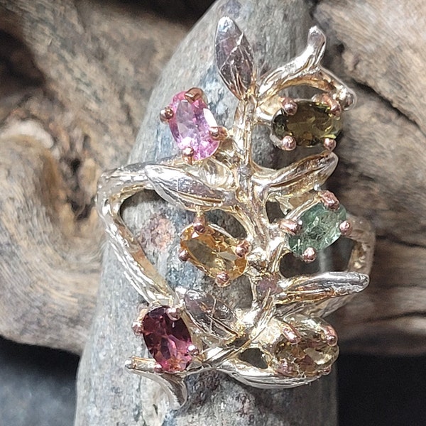 Size 9 Tourmaline Rose and White Gold-Plated Sterling Silver One of a Kind New Vintage Wholesale