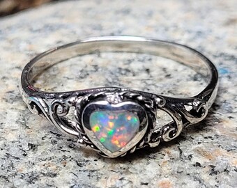 White Opal Filigree Heart Sterling Silver Ring New Vintage Wholesale