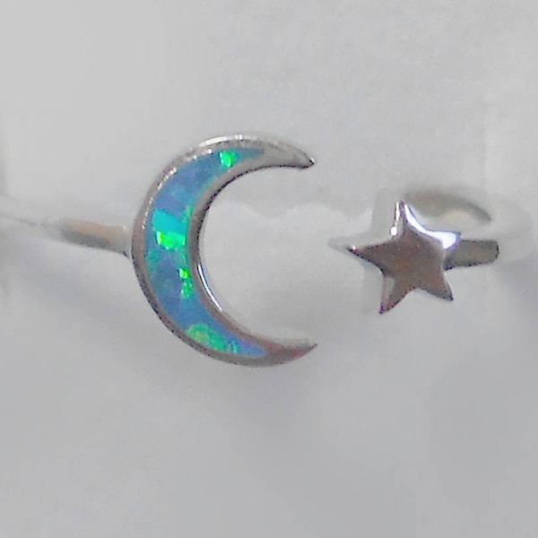 Delicate Blue Opal Celestial Moon and Stars Sterling Silver Ring Size New Vintage Wholesale Goddess Wiccan