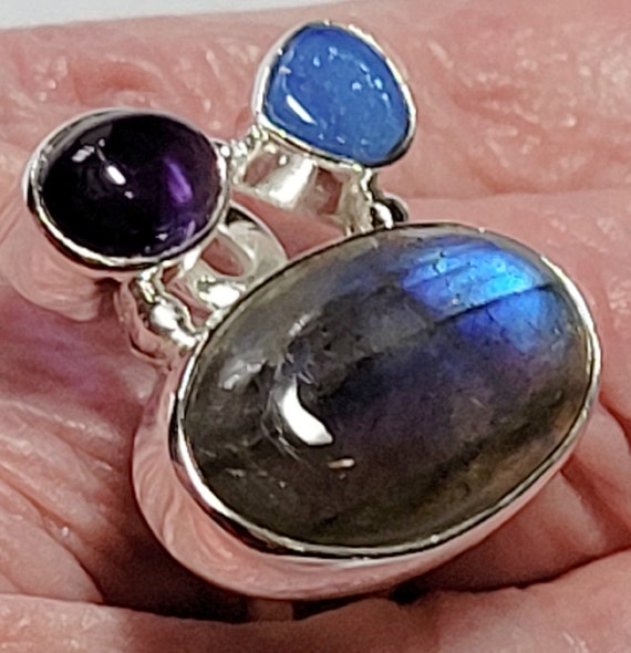 Labradorite Opal and Amethyst Sterling Silver Rin… - image 6