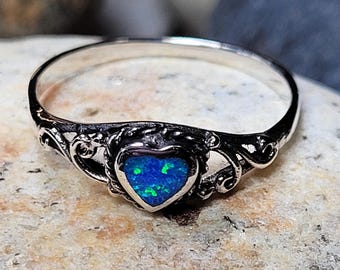 Blue Opal Filigree Heart Sterling Silver Ring New Vintage Wholesale