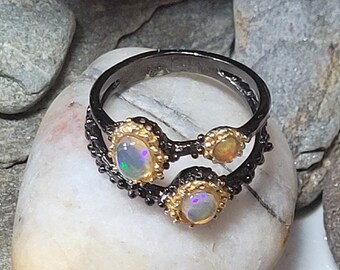 Size 7 1/2 Ethiopian Opal Sterling Silver Ring Black Rhodium and 14k Gold Plate One of a Kind