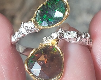 Adjustable Size Black Opal White and Yellow Gold Plated New Vintage Wholesale Ring