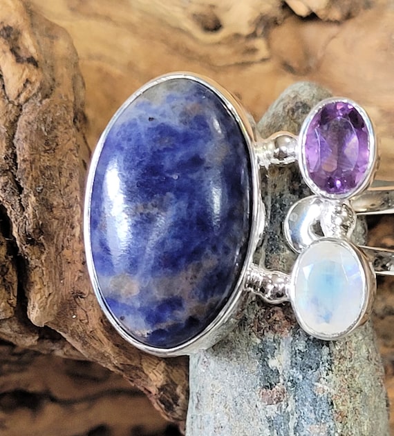 Sodalite Amethyst and Rainbow Moonstone Sterling … - image 1