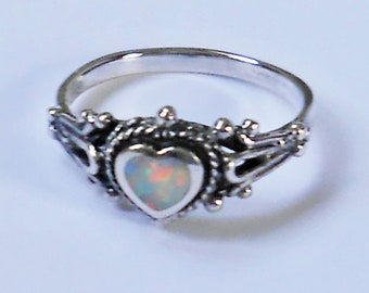 White Opal Filigree Heart Sterling Silver Ring New Vintage Wholesale