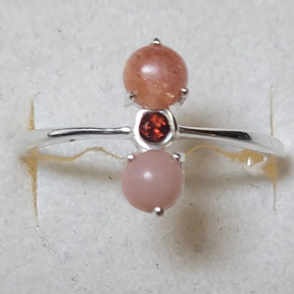 Dainty Sunstone Garnet and Pink Opal Sterling Silver Ring New Vintage Wholesale