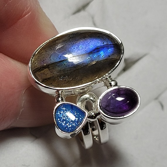 Labradorite Opal and Amethyst Sterling Silver Rin… - image 2